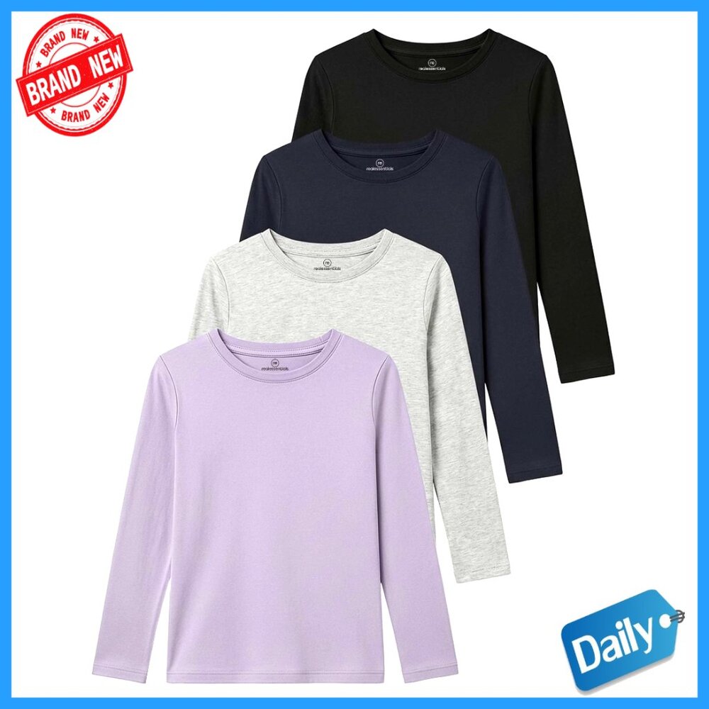 Girls Long Sleeve Cotton Tees 4-Pack Athletic Fit Youth Sizes 6-16